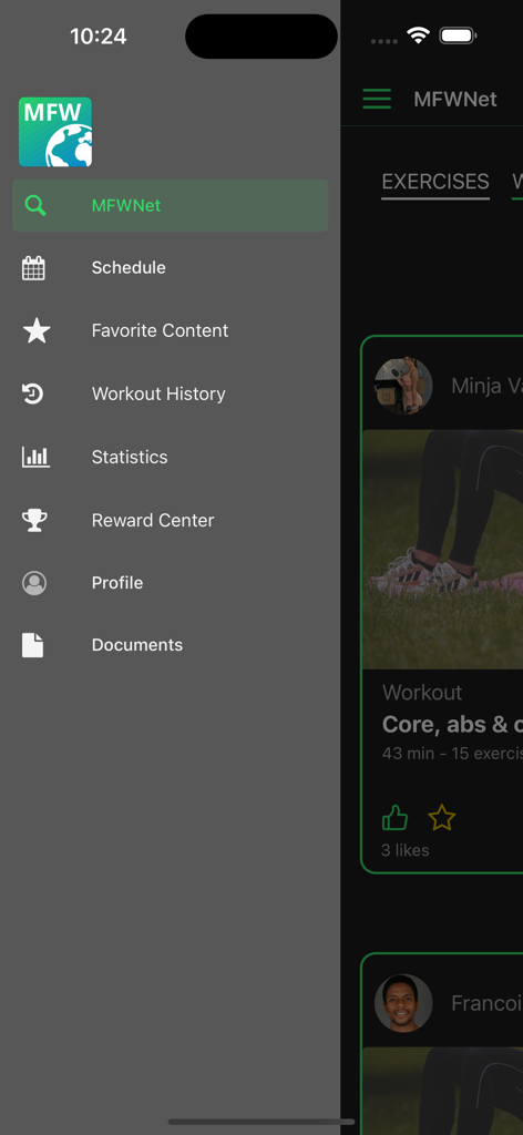 MyFitWorld - Sidebar navigation menu of the MyFitWorld app featuring links to schedule workout history statistics and profile