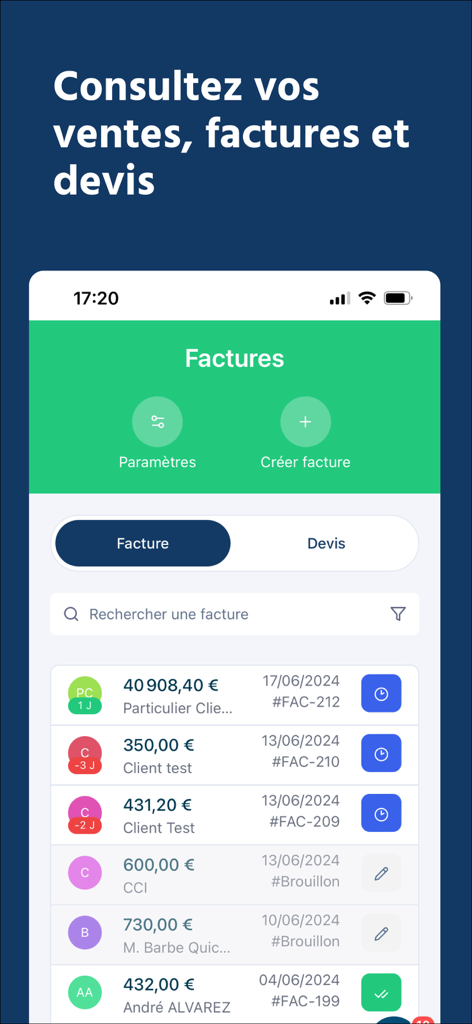 Sinao - Interface of the Sinao app showing a list of business invoices and quotes for mobile management