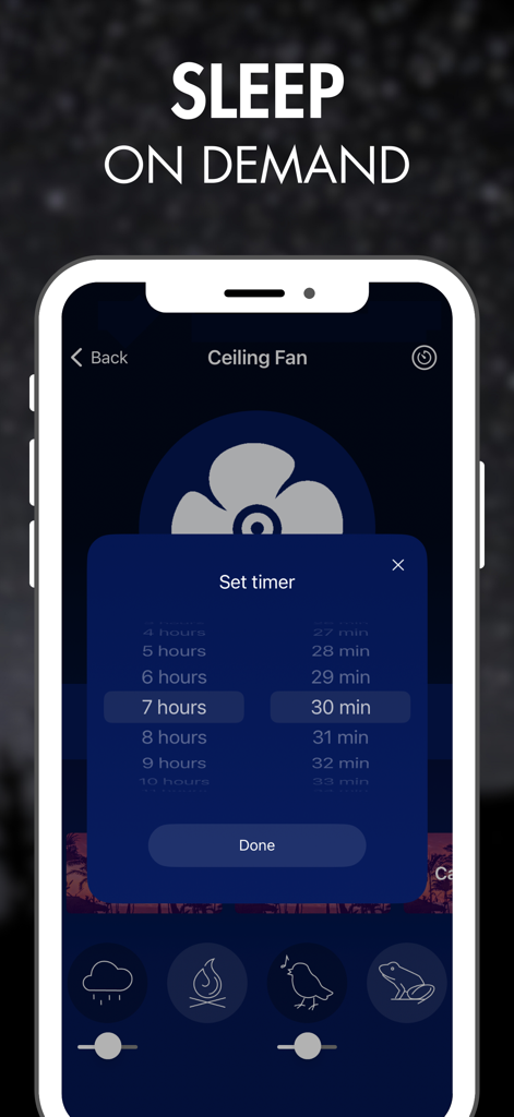 Box Fan Sound - Box Fan Sound app interface showing the sleep timer setting for a restful night