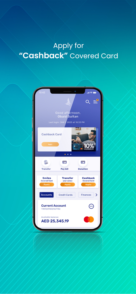 SIB Digital - SIB Digital 모바일 뱅킹 앱 대시보드, 계좌 잔액 및 캐시백 카드 신청 제안 표시.