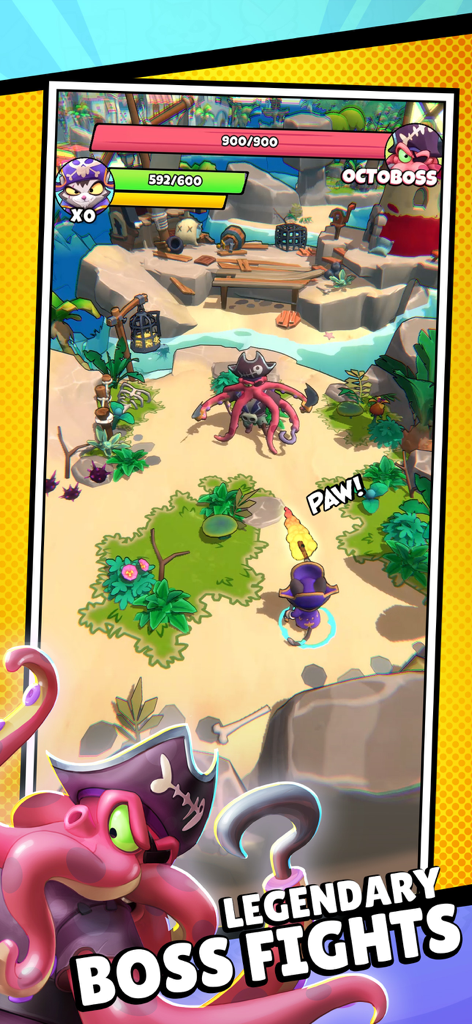 Mighty Calico - A pirate cat hero battles the giant pink Octoboss in a tropical level of the Mighty Calico RPG game.