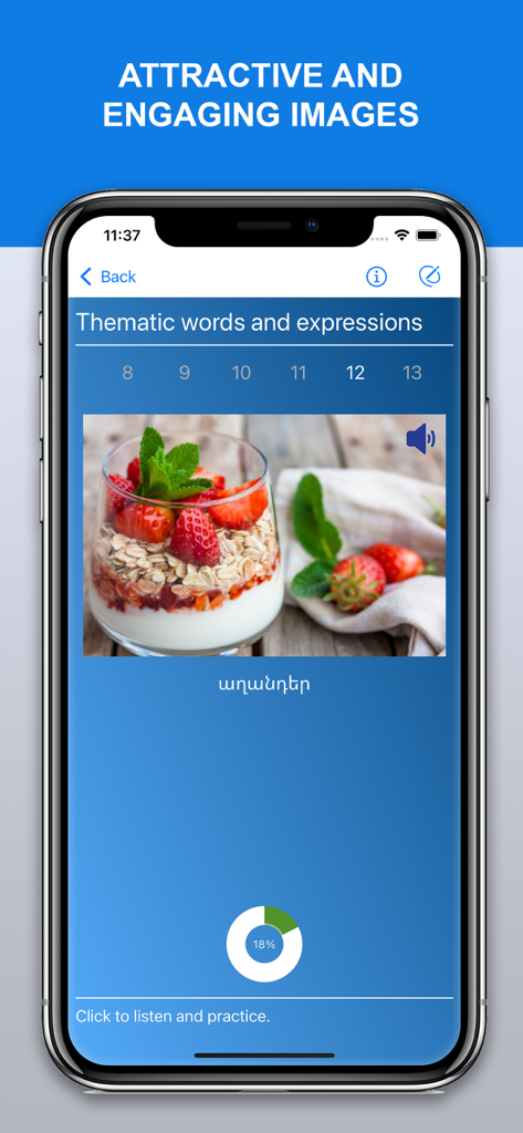 Learn Armenian with AVC - Schermata mobile che mostra una lezione di vocabolario armeno con l'immagine di un dessert e opzioni audio