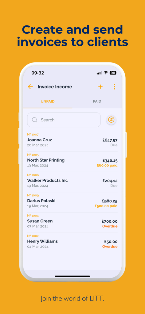 Interface do aplicativo LITT mostrando uma lista de faturas não pagas e vencidas para clientes freelancers.