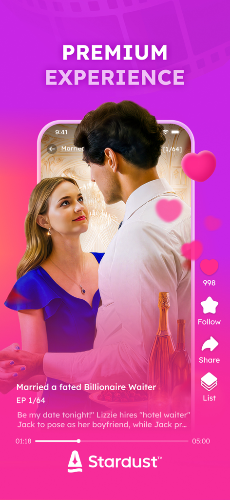 StardustTV app screenshot featuring a romantic short drama titled Married a fated Billionaire Waiter with floating hearts and premium interface.
