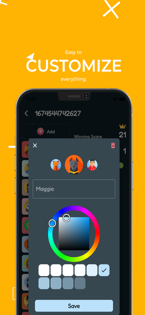 Interface of the Score Counter app showing player profile customization with name entry and color picker