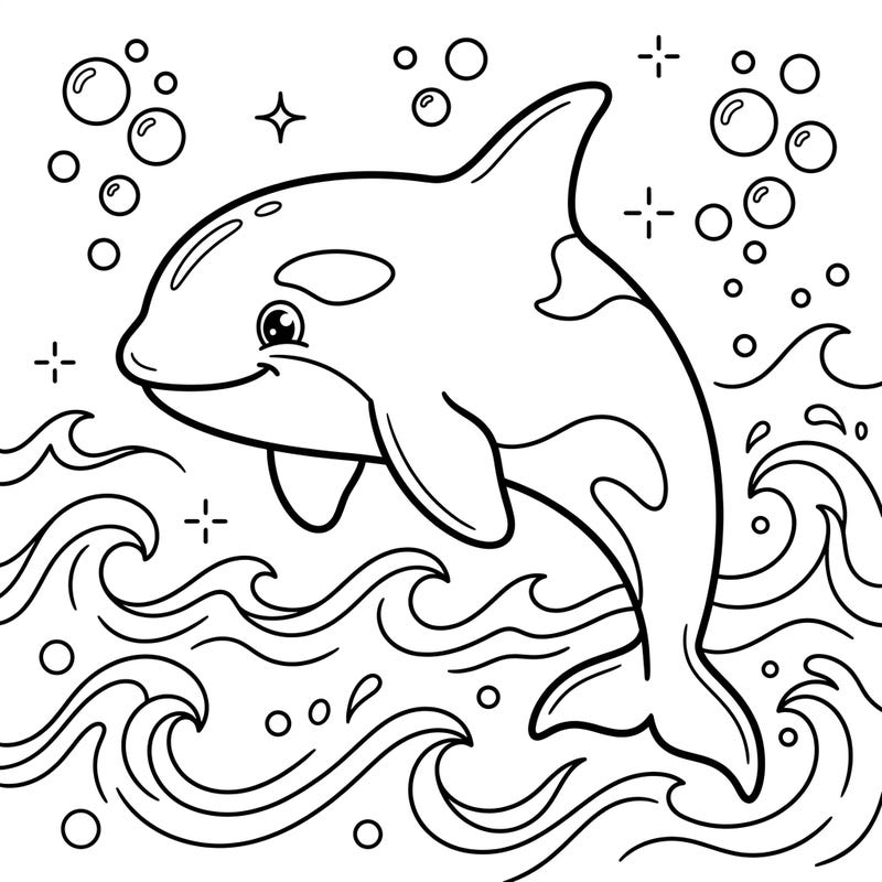 Bring the ocean to life with this adorable orca coloring page, perfect for young artists. Kids aged 4-8 will love coloring this friendly killer whale splashing in the waves.