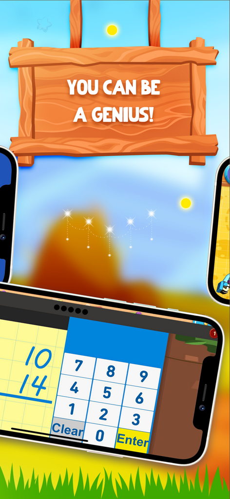 Adapted math - Fun mind games - A math addition problem on a smartphone screen with a motivational sign saying You Can Be A Genius