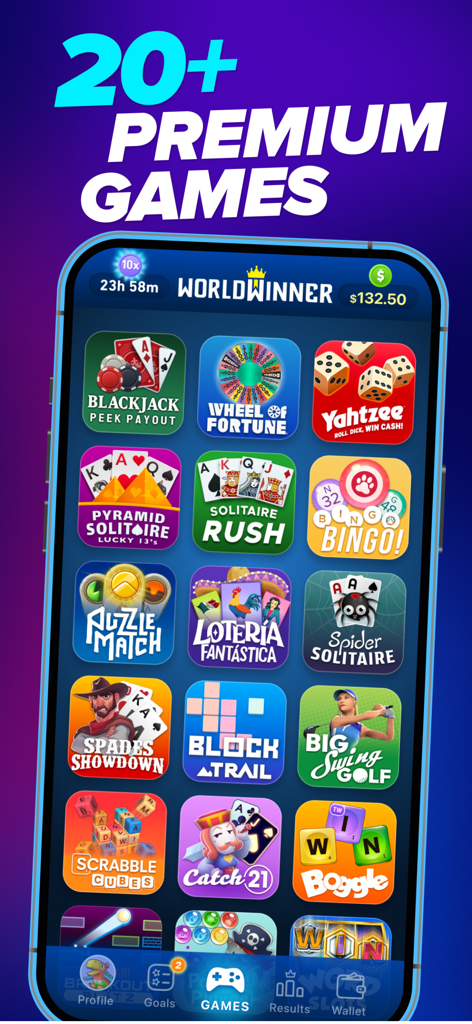 WorldWinner: Play for Cash - WorldWinner-App-Startbildschirm mit einer Liste von Premium-Skill-basierten Spielen wie Rad des Glücks, Scrabble und Solitaire.