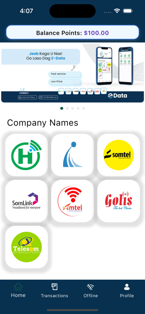Edata - Edata app interface displaying a selection of Somali internet service providers and account balance