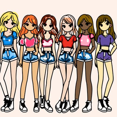 a group of girls wearing crop tops and shorts