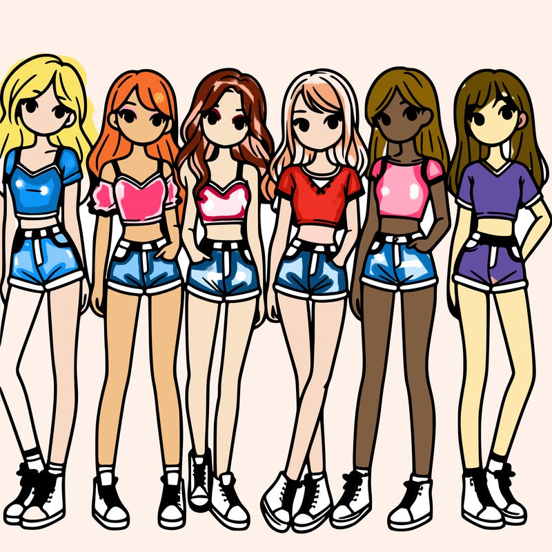 a group of girls wearing crop tops and shorts