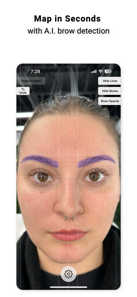 Brow Designer - Interface da ferramenta profissional de mapeamento de sobrancelhas com IA em um rosto