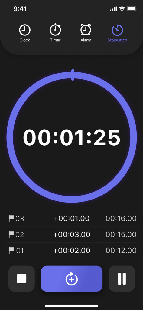 Stopwatch & Countdown Timer - Interfaz digital de cronómetro con anillo de progreso circular y tiempos de vuelta registrados.