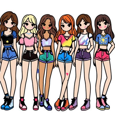 a group of girls wearing crop tops and shorts