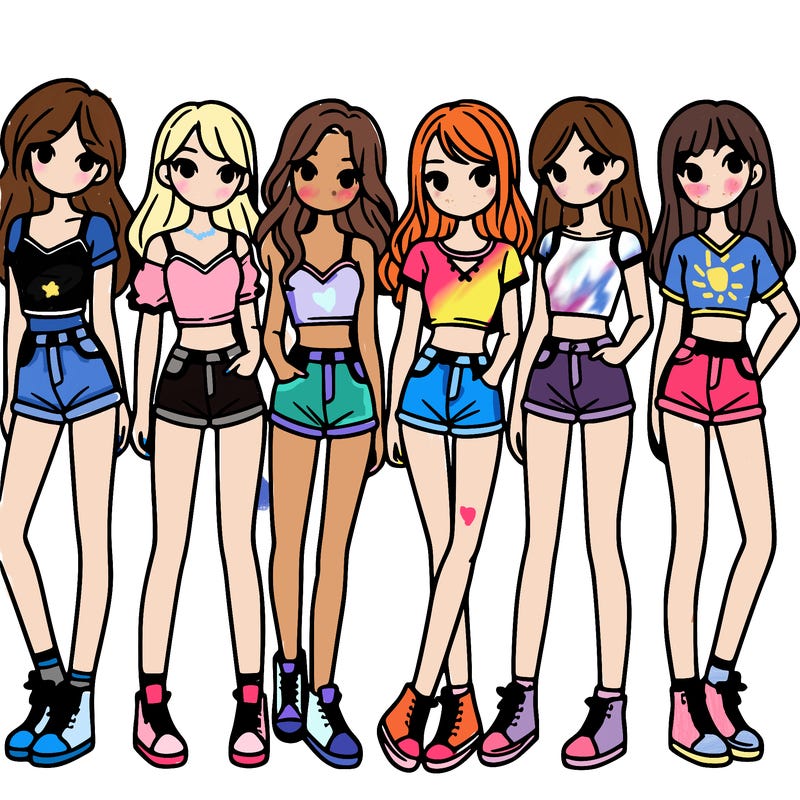 a group of girls wearing crop tops and shorts