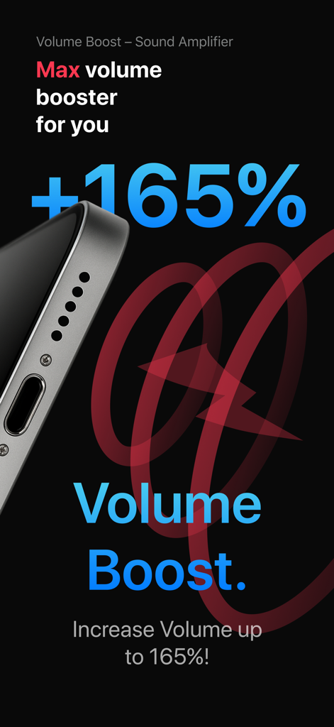 Tela do aplicativo Volume Boost mostrando um aumento de 165 por cento na amplificação de som