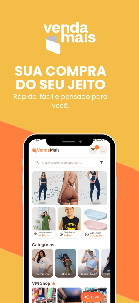 Venda Mais | Atacado - Interfaz de la aplicación Venda Mais mostrando categorías y productos de moda al por mayor