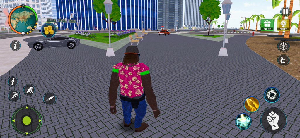 Gorilla Mob : City Gangster - Un héroe gorila con una camisa floral parado en un entorno urbano
