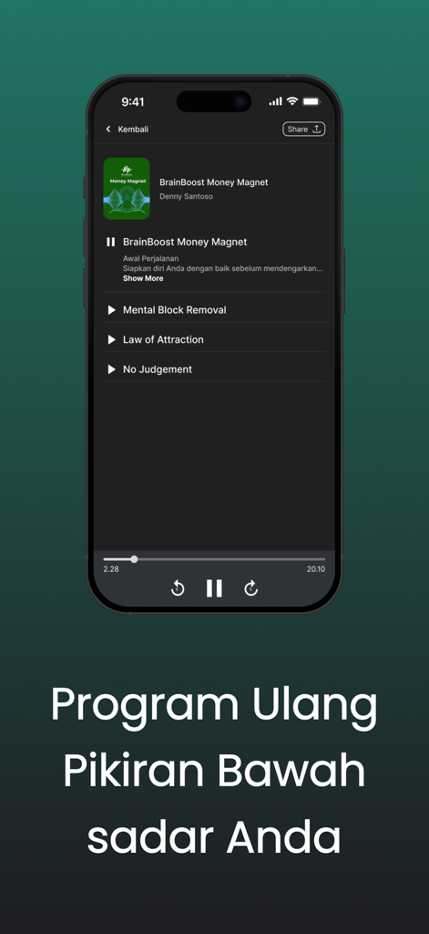BrainBoost - BrainBoostアプリのオーディオプレーヤーインターフェース、潜在意識の再プログラムとメンタルブロックの削除用