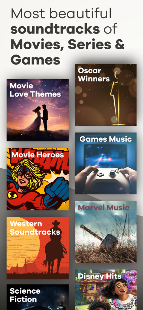 Una colección de listas de reproducción de bandas sonoras curadas para películas, series y juegos, con Ganadores del Oscar y Éxitos de Disney
