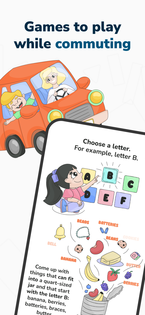 Hearty App: Everyday Bonding - A parent and child in a car using the Hearty app for educational word games during a commute
