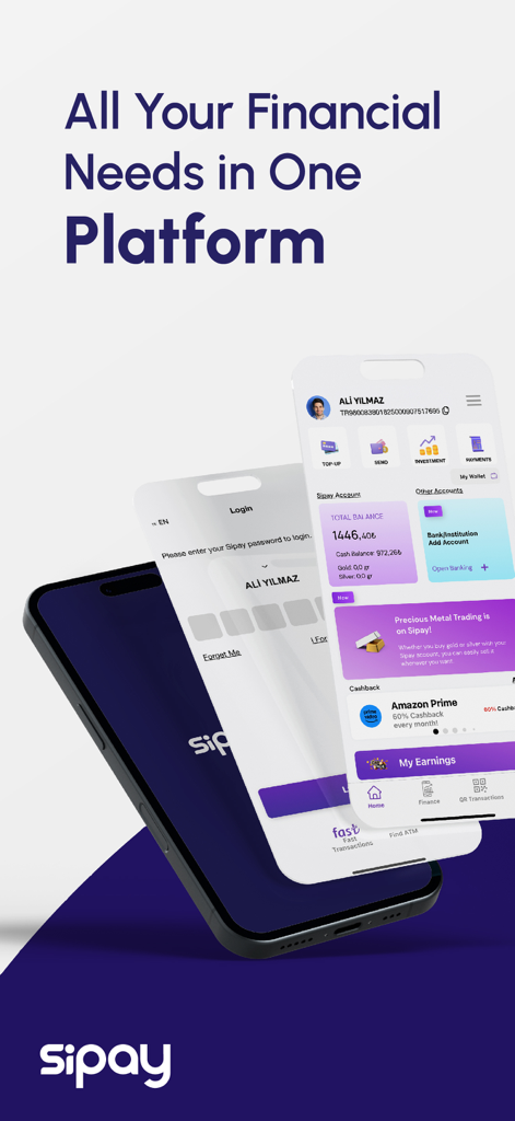 Sipay - Interfaz de la aplicación móvil Sipay que muestra varios servicios financieros y ofertas de reembolso en múltiples pantallas de smartphone