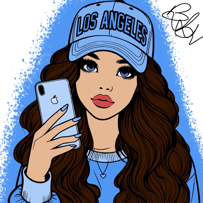 realistic beautiful girl wearing los ángeles cap holding an iphone