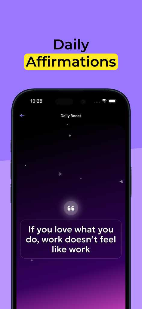 Una captura de pantalla de la aplicación Stargaze que muestra una cita de afirmación diaria sobre amar tu trabajo sobre un fondo púrpura cósmico.