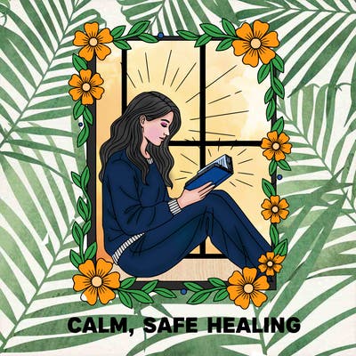 peaceful woman, sitting by a window, reading bible. flowing hair, comfy clothes, soft rays of light, flowers and leaves around. words: calm, safe, healing. clean line art for coloring