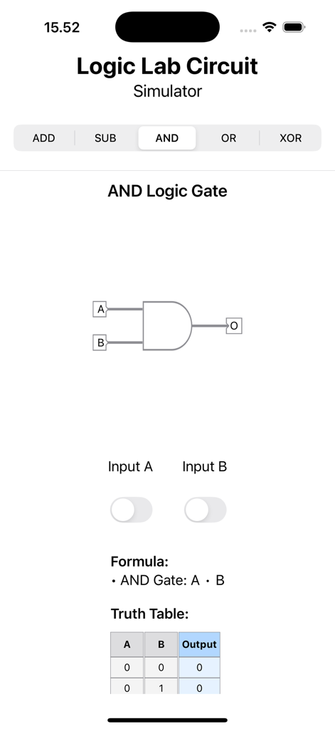 LogicLabCircuit - LogicLabCircuitアプリのインターフェイス。回路図、真理値表、入力トグルを備えたAND論理ゲートシミュレーターを表示しています。