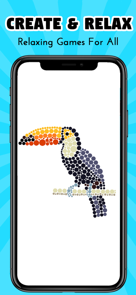 Un colorido tucán de arte de puntos mostrado en una pantalla de smartphone con el título Crea y Relájate.