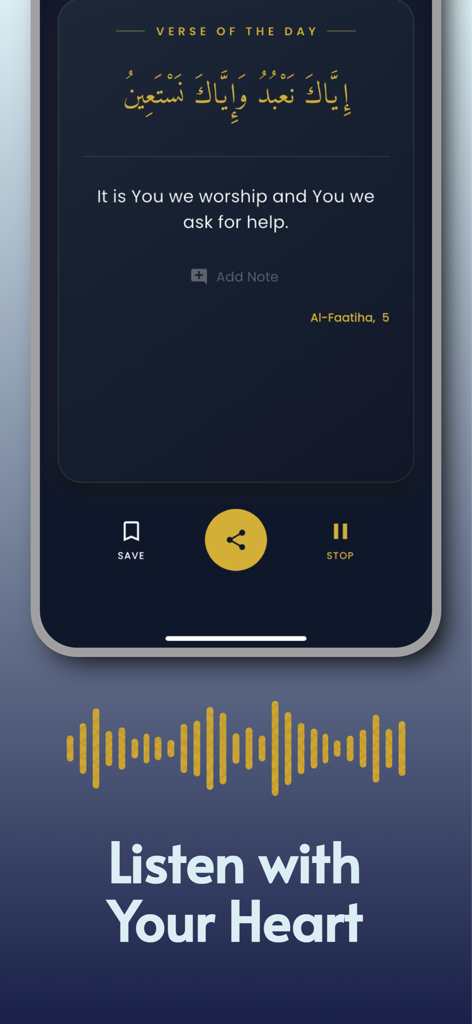 Quran Dairy - Minimalist Quran app interface showing a verse of the day card with an audio waveform and the text Listen with Your Heart