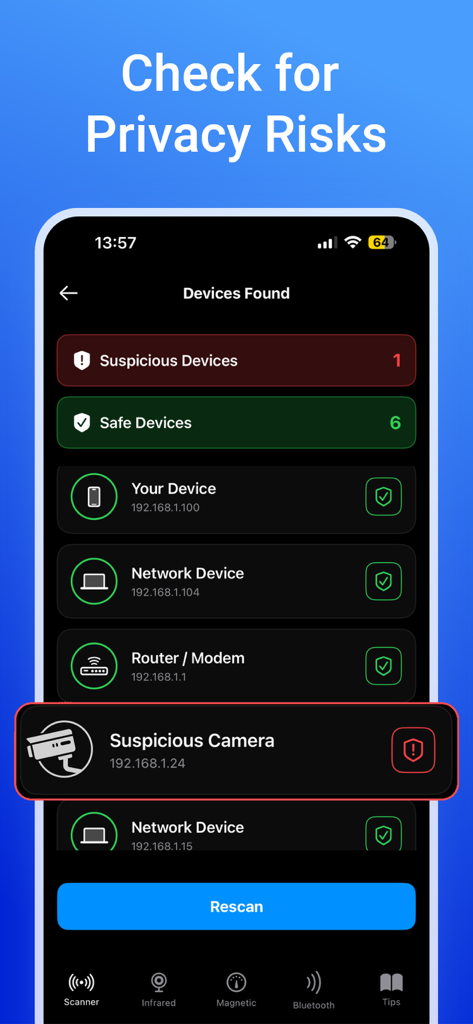 Interface of the Sweep app showing a suspicious camera detected on the local network
