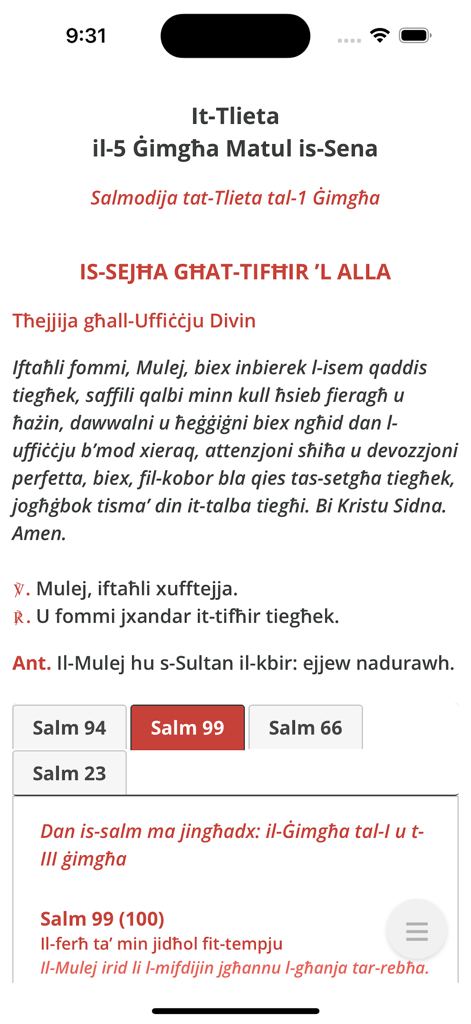 Il-Brevjar - A screenshot of the Il-Brevjar app showing liturgical prayers and psalms in the Maltese language.