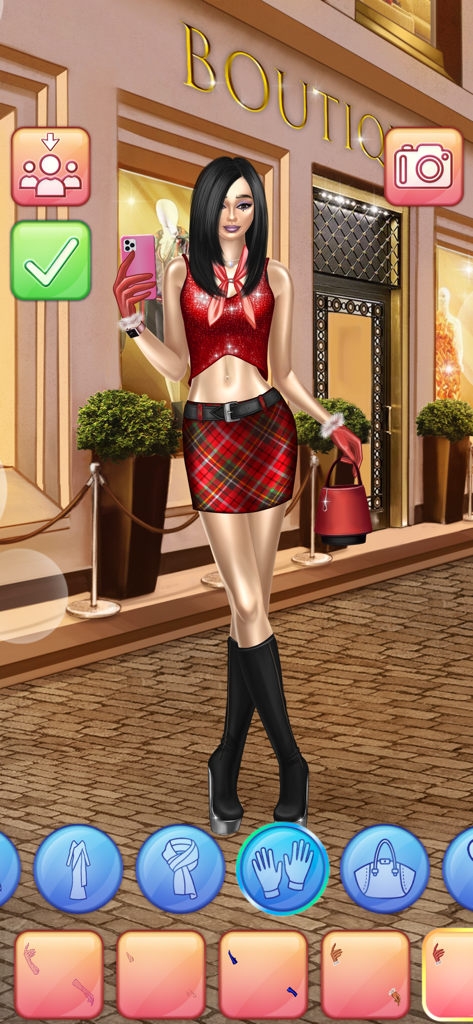 Blogger Girl - Outfit Makeover - Muñeca blogger de moda con un atuendo a cuadros rojos tomándose una selfie en una boutique.