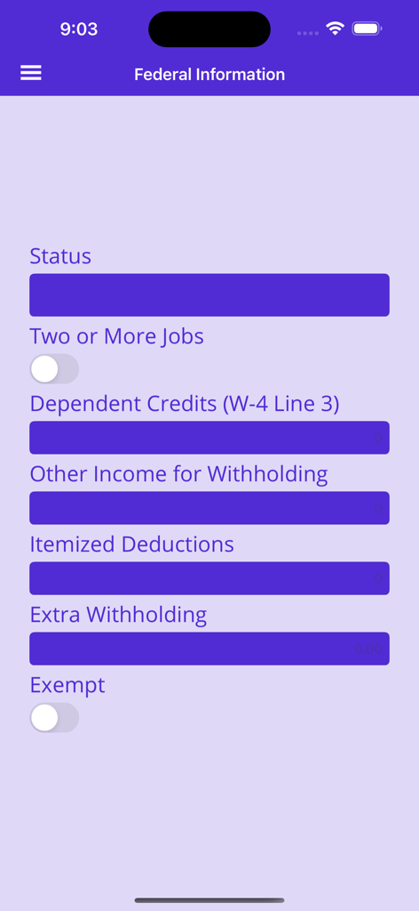 Withholding Calc - 連邦税の源泉徴収情報入力画面