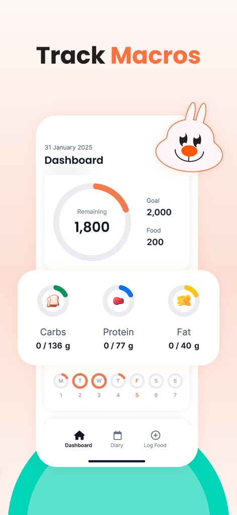 Kalguroo app dashboard showing daily calorie goal and macronutrient tracking for protein carbs and fat