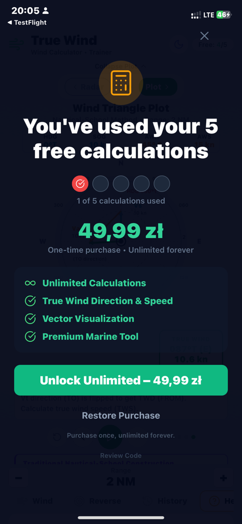 True Wind Pro - In-app purchase screen for True Wind Pro offering lifetime access and unlimited wind calculations.