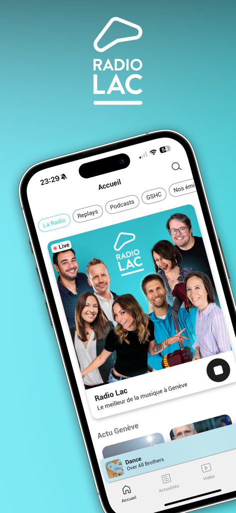 Radio Lac - The home screen of the Radio Lac mobile app displaying live radio hosts and local Geneva news.