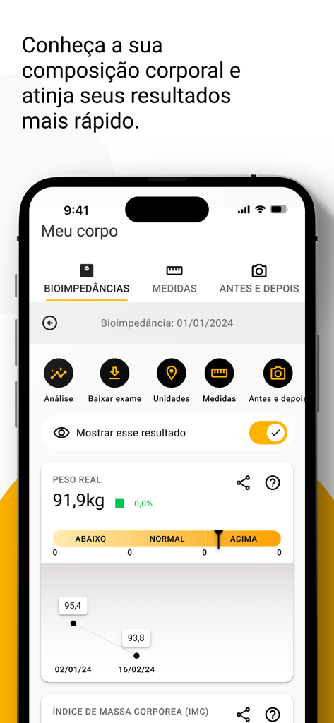 Smart Fit Nutri app interface showing body composition and weight progress graph