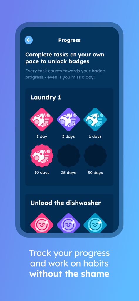 dubbii: the body doubling app - Screenshot della pagina dei progressi dell'app dubbii che mostra i badge guadagnati per il completamento di compiti domestici come il bucato