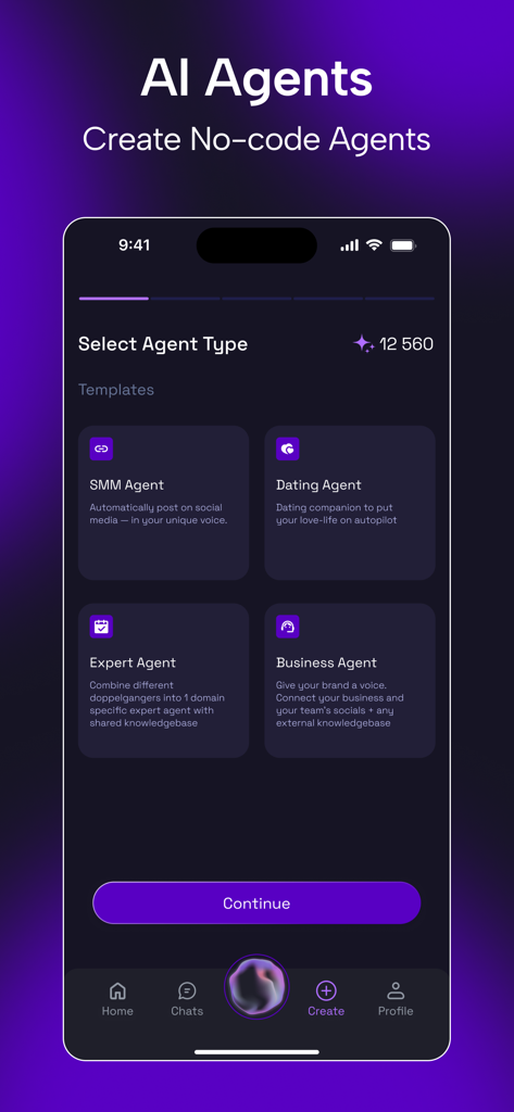 Doppelgangers AI - SMMやビジネスエージェントなどのさまざまなノーコードAIエージェントテンプレートが表示されたモバイルインターフェイス。