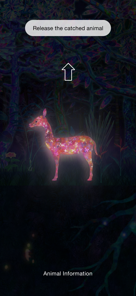Fukuoka / Collecting Forest - A vibrant digital deer in a dark forest with instructions to swipe up and release it