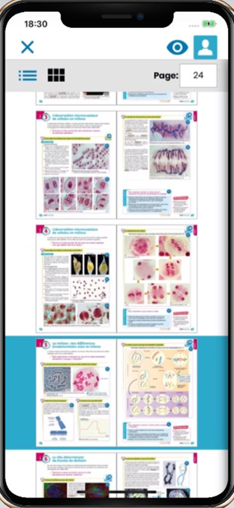 Aplicación Biblio-Manuels mostrando páginas de un libro de texto digital de ciencias