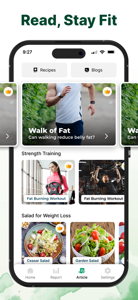 Step Counter and Pedometer App - Mobile screen showing health blogs and weight loss recipes within a step counter app