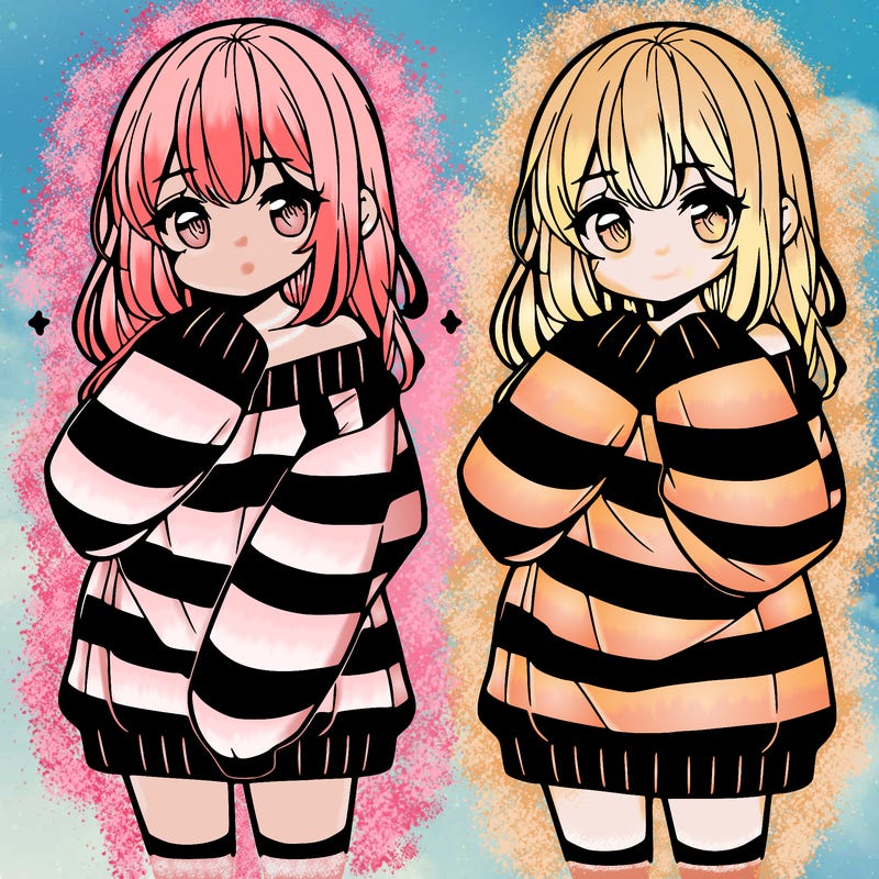anime girl in a striped oversized sweater