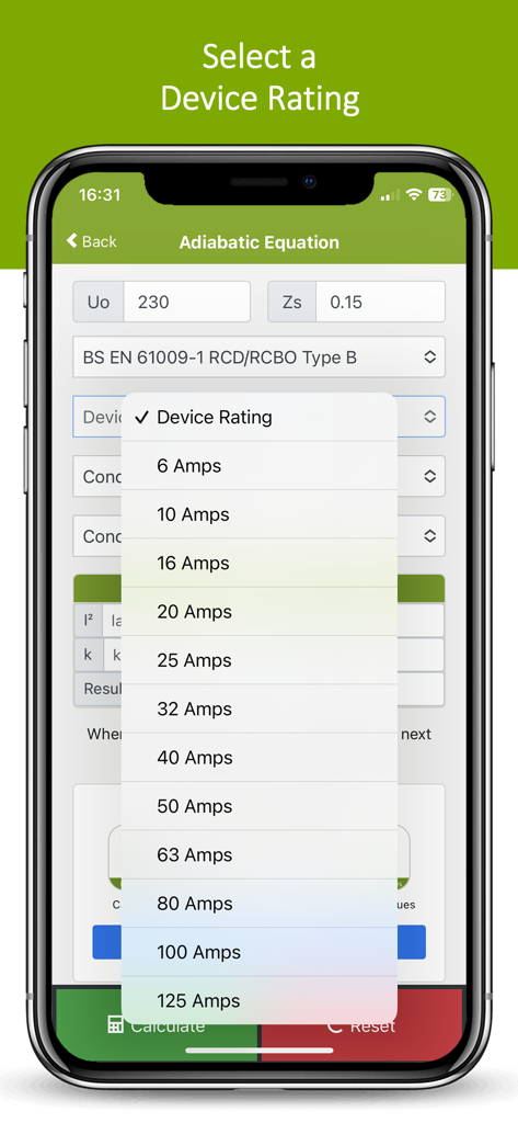 Selecting an electrical device rating from a list in the Adiabatic Equation Calculator app.