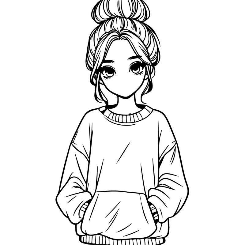 realistic girl with a oversized sweatshirt and a bun