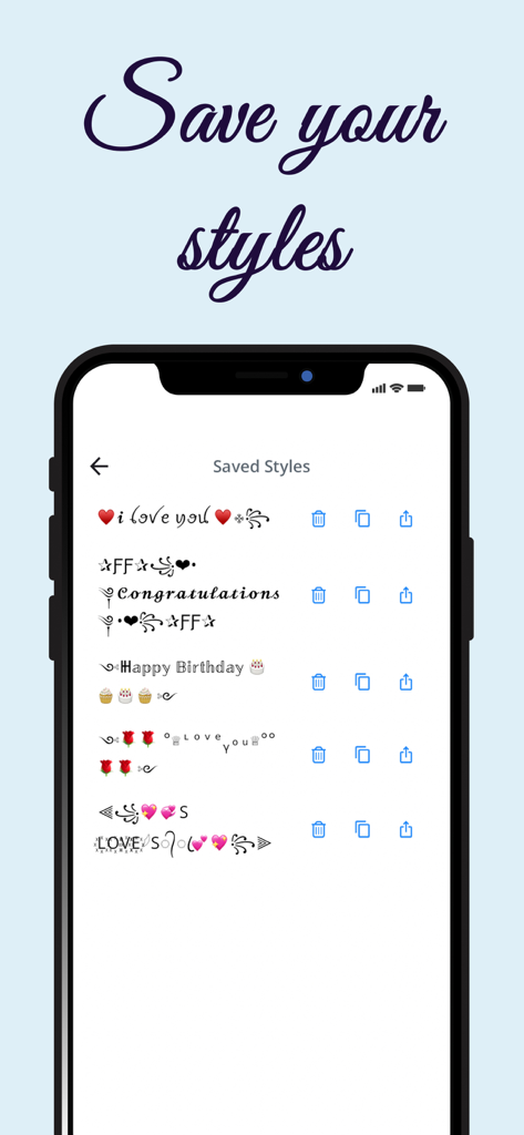 Stylish Text: Font Style App - Una pantalla de smartphone mostrando una lista de estilos de fuente personalizados guardados con símbolos y texto decorativos.