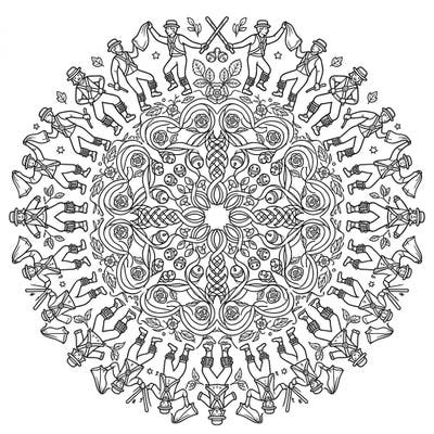 Celebrate English heritage with this unique Morris Dance mandala coloring page. It combines the lively spirit of folk dance with the calming symmetry of a mandala, offering a delightful creative escape.